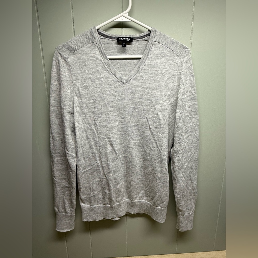 Express Light Gray Merino Wool Blend V-Neck Sweater